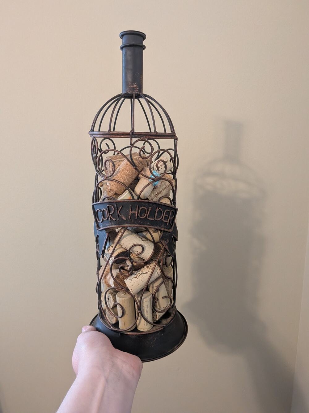 Decorative Art Cork Cage Holder Wine Bottle Shaped Bronze 15" with Corks
